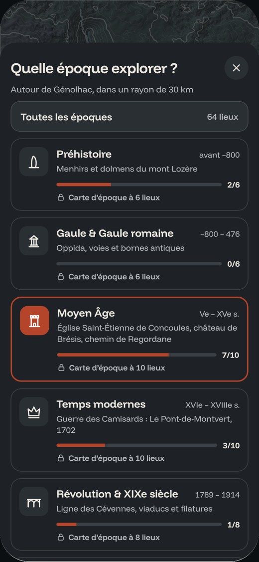 Écran de l’app : choisir une époque autour de soi.