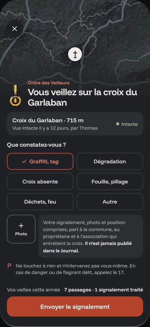 Écran de l’app : signaler l’état d’une croix.